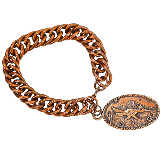 Vintage Solid Copper Curb Chain Bracelet With Bell Trading Post Roadrunner Charm - Picture 2 of 12